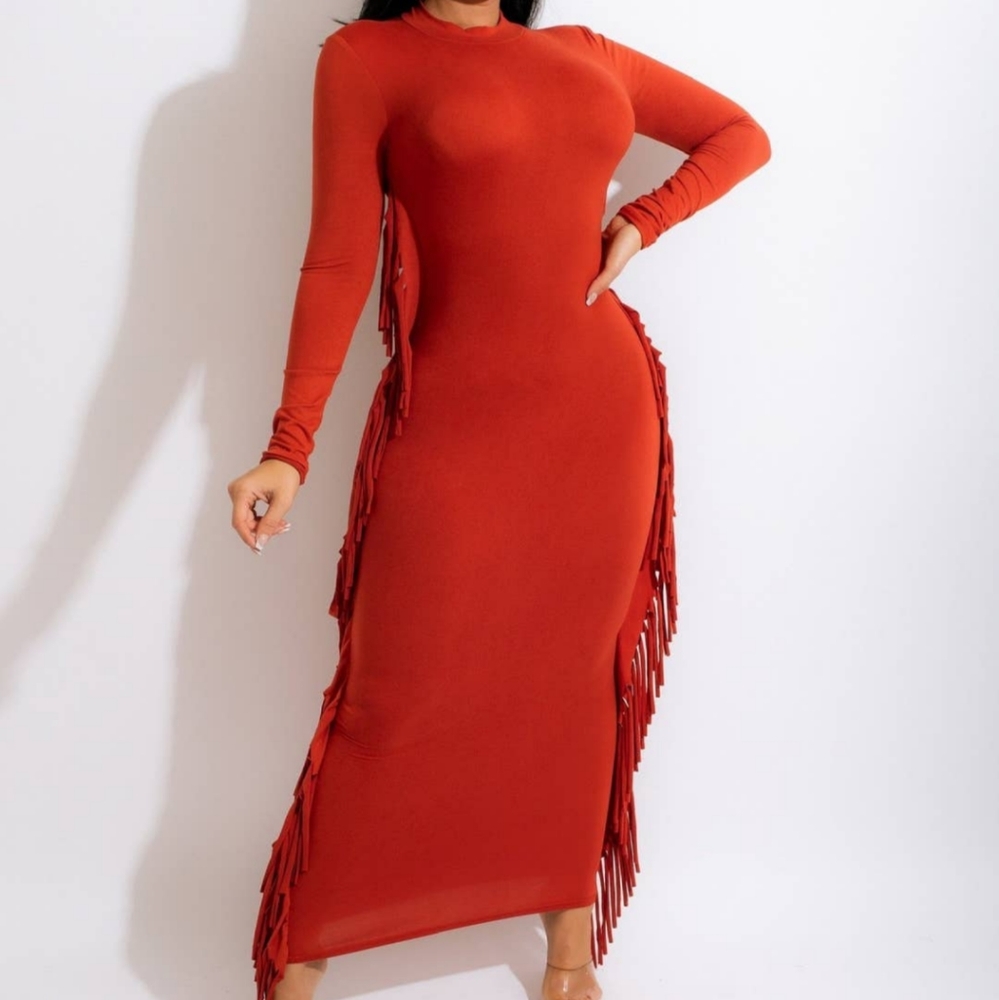 Long Solid Color Tassel Dress